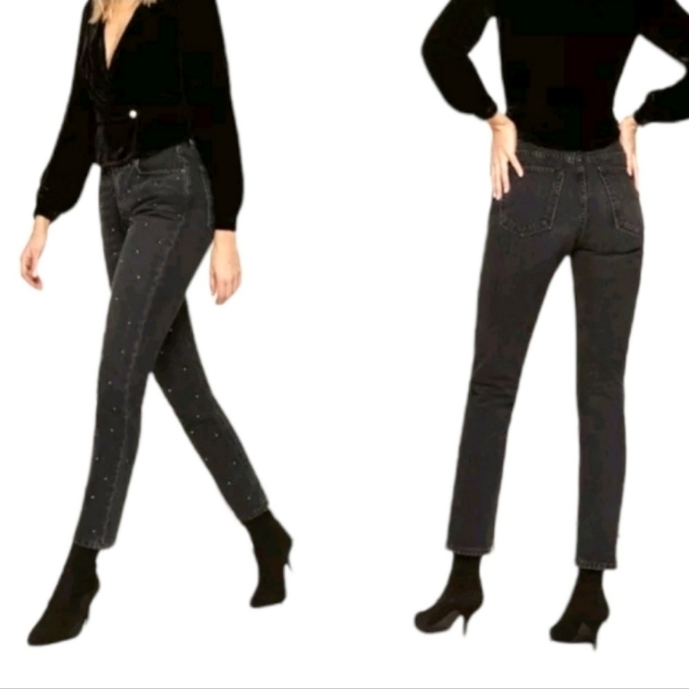 Reformation Harley Studded ringstone black  High Rise straight slim leg jeans 31